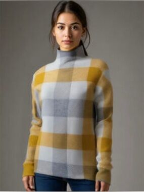 Tahari Plaid Knit Mock Neck Sweater  Mustard & Gray